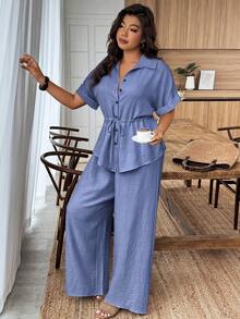 Weeklong Plus Size Solid Color Rolled Hem Summer Drawstring Waist Casual Shirt And Pants 2 Pieces Set - Blue - View 3