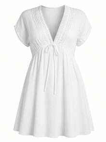 Swim Vcay Women's Summer Beach Bohemian Style V-Neck Large Ruffle Batwing Sleeve Elastic Waist Tie Vacation Cover-Up Dress - White - View 7