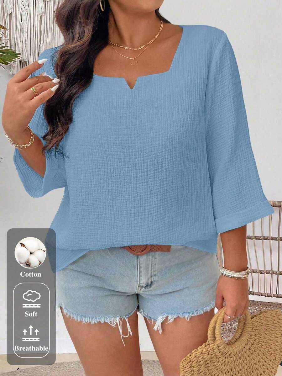 Breezaya Camisa de uso diario versátil y casual de unicolor para mujer de talla grande - Azul - Ver 1