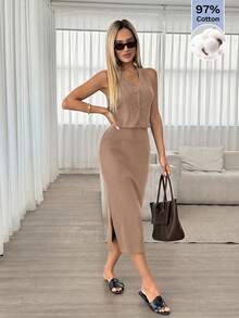 SHEIN LUNE 女士纯色V领无袖宽肩带休闲夏季两件套 - 藏蓝色 - 查看 2