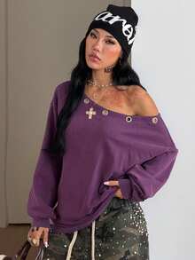 Coolane 女款鏤空裝飾不對稱肩休閒百搭日常穿著運動衫 - 紫色 - 查看 6