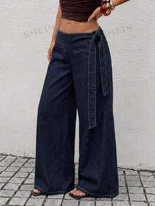 Rivivi Women's Fashion Tie-Up Daily Wear Washed Denim Wide Leg Pants - Dark Wash - View 5