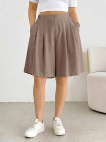 Shapeblank Plus Size Women Solid Color High Waist Pocket Pleated Wide Leg Shorts - Mocha Brown - View 4