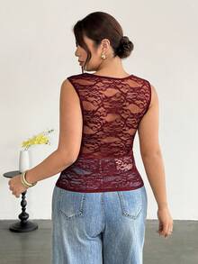 Firerie Große Größen Lila-Rot Rundhals Ärmellos Hoch-elastisch Spitze Patchwork 2 in 1 Tanktop / Geraffte Taille Schlankmachend Elegant für den Arbeitsweg - Rot-violett - Übersicht 4