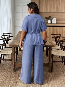 Weeklong Plus Size Solid Color Rolled Hem Summer Drawstring Waist Casual Shirt And Pants 2 Pieces Set - Blue - View 2