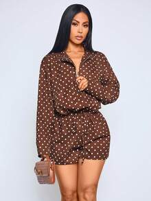 SOLERSUN Women's Chic Retro Polka Dot Long Sleeve Zip Drawstring Jacket & High Waist Shorts Matching Set (Random Floral) - Brown - View 5