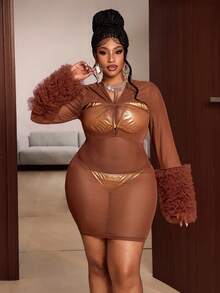 Maweii Plus Size Brown Mesh Criss-Cross Hollow Out Bodycon Bodycon Women's Dress Fall - Brown - View 4