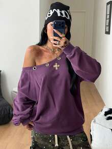 Coolane 女款鏤空裝飾不對稱肩休閒百搭日常穿著運動衫 - 紫色 - 查看 5