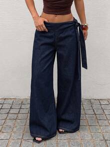 Rivivi Women's Fashion Tie-Up Daily Wear Washed Denim Wide Leg Pants - Dark Wash - View 1