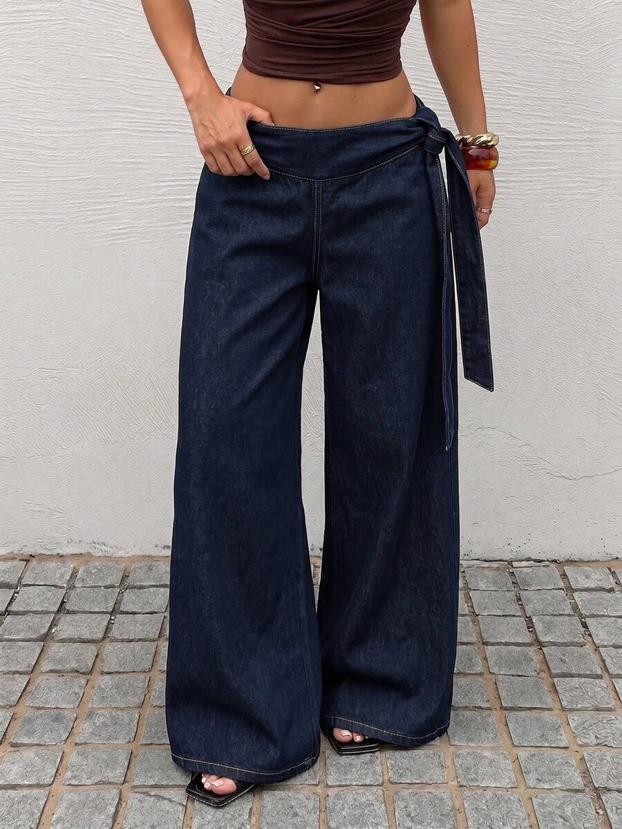 Rivivi Women's Fashion Tie-Up Daily Wear Washed Denim Wide Leg Pants - Dark Wash - View 1