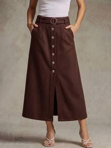 Franclia Women's Elegant Autumn/Winter Commuter Straight Wool Skirt With Metal Decor Buttons And Front Center Slit - Brown - View 1