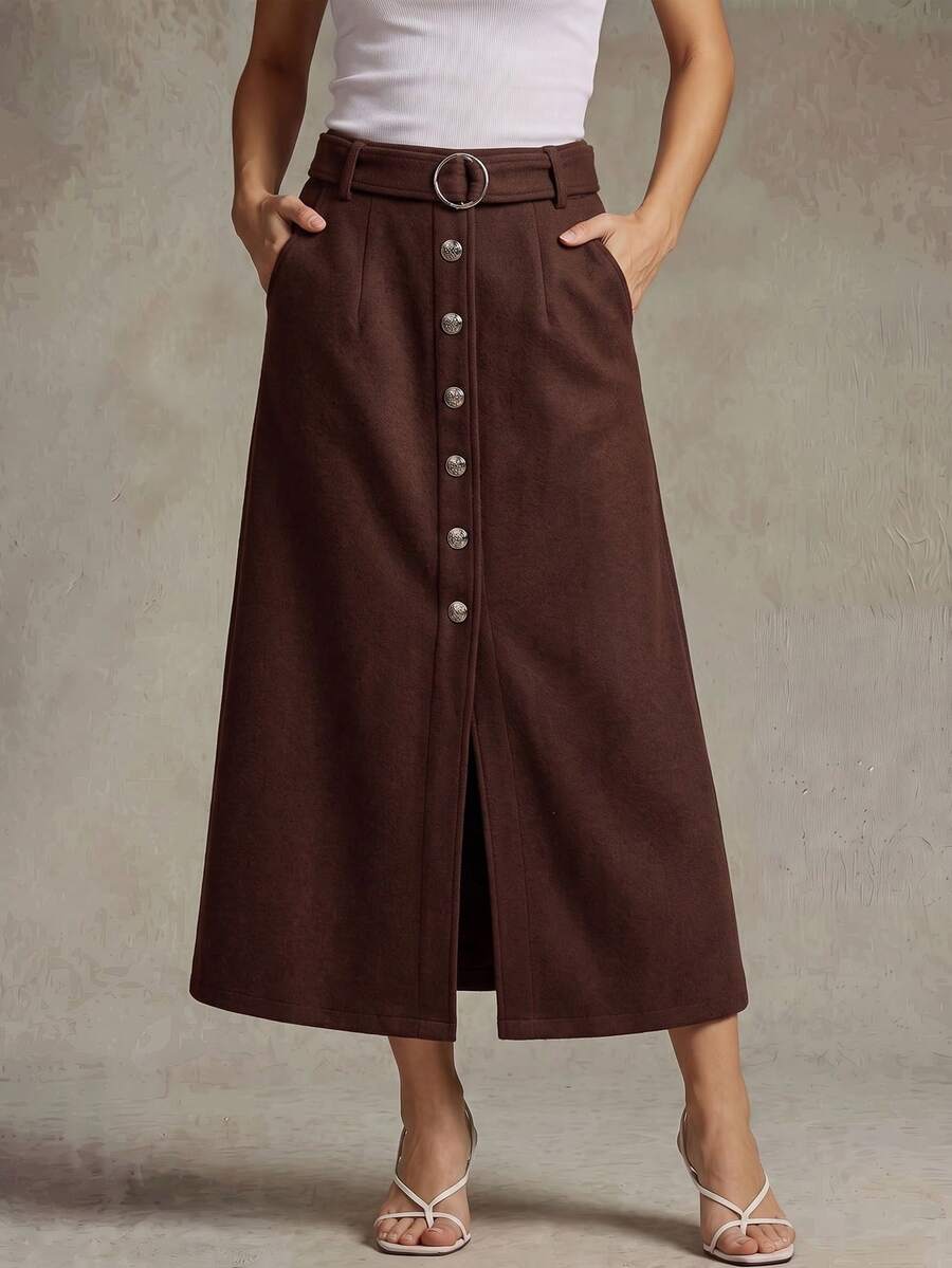 Franclia Women's Elegant Autumn/Winter Commuter Straight Wool Skirt With Metal Decor Buttons And Front Center Slit - Brown - View 1