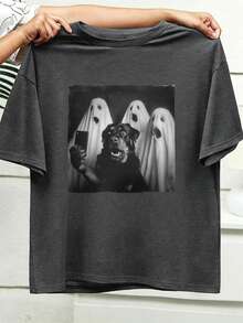 EMERY ROSE Plus Size Women's Halloween Scary Ghost And Dog Print Crew Neck Short Sleeve T-Shirt, Suitable For Daily And Holiday Wear - Multicolor - View 4