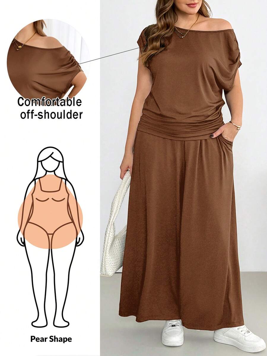 Shapeblank Conjunto de 2 piezas de talla grande con top asimétrico fruncido de unicolor versátil y pantalones holgados con bolsillos