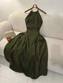 GlowEve Women's Solid Color Halter Neck Cold Shoulder Cinched Waist Side Seam Ruched Backless Wrap Tie Mid-Length Coffee Brown Dress, Elegant French Vintage Formal Office Commute Business Casual Beach Vacation Afternoon Tea Street Style Minimalist Versatile Old Money Australian Home Leisure Bohemian Holiday Party Photo Shoot Spring Summer New - Army Green - View 5