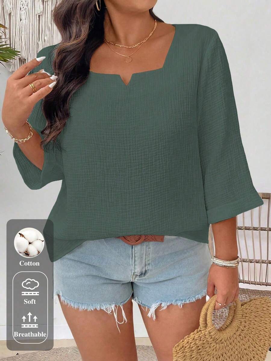 Breezaya Plus Size Casual Solid Color Shirt Fall - Grey - View 1