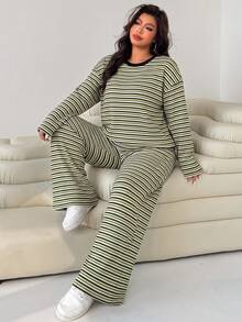 SHEIN EZwear Plus Size Women Striped Drop Shoulder Long Sleeve T-Shirt And Pants Casual Set Fall - Multicolor - View 3