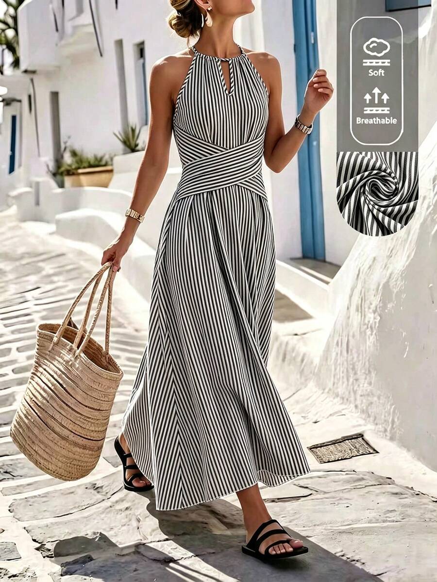 SHEIN Holidaya Women's Striped Pleated Casual Daily Long Dress - Black - View 1