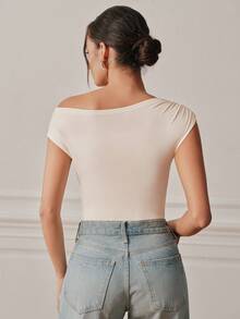 Anewsta Essential Spring/Summer New Elegant Fashion Casual Sexy Date Outing Party Holiday Wedding Ruched Knit Elastic Slim Fit Off-Shoulder Women's Bodysuit - Apricot - View 8