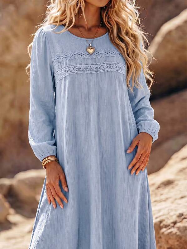 Linhara CURVE Plus Size Women's Haze Blue Lace Hollow Out Solid Color Long Sleeve Autumn Casual Tea Party Dress, Women's Autumn Casual Dress Fall