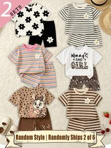 (6 conjuntos aleatorios, se envían 2 conjuntos) Conjunto de 2 piezas de camiseta corta básica y pantalones de ciclismo para bebé niña con estampado de rayas coloridas, flores, leopardo, conejo de dibujos animados y letras, atuendo clásico de rayas de dibujos animados para verano, otoño y todas las estaciones - Multicolor - Ver 1