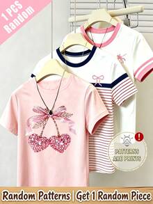 (Random Pattern, 1 Pc Random) Girls' Fresh Daily Striped Knight Heart Pattern Shiny Ribbon Bow Cherry Graphic Basic Short Sleeve T-Shirt - Pink - View 1