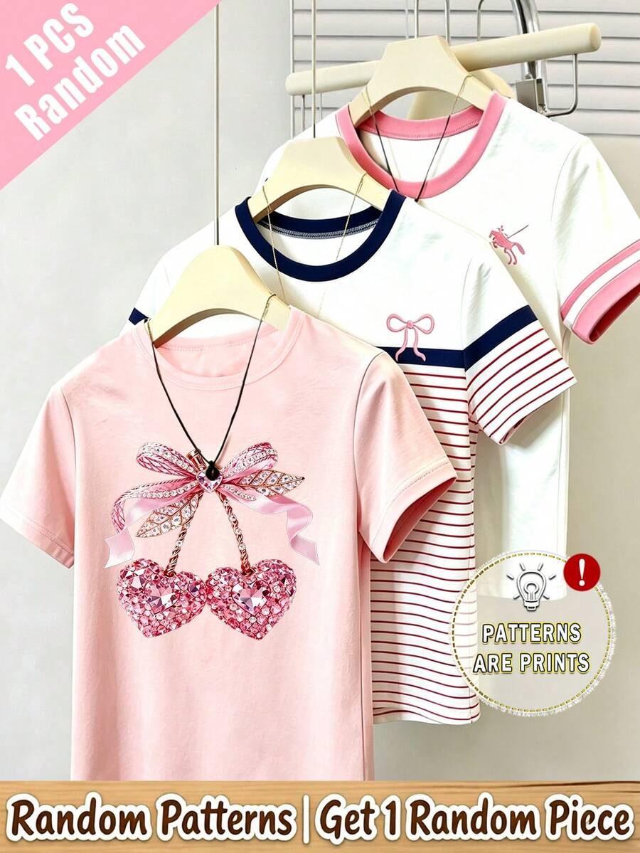 (Random Pattern, 1 Pc Random) Girls' Fresh Daily Striped Knight Heart Pattern Shiny Ribbon Bow Cherry Graphic Basic Short Sleeve T-Shirt - Pink - View 1