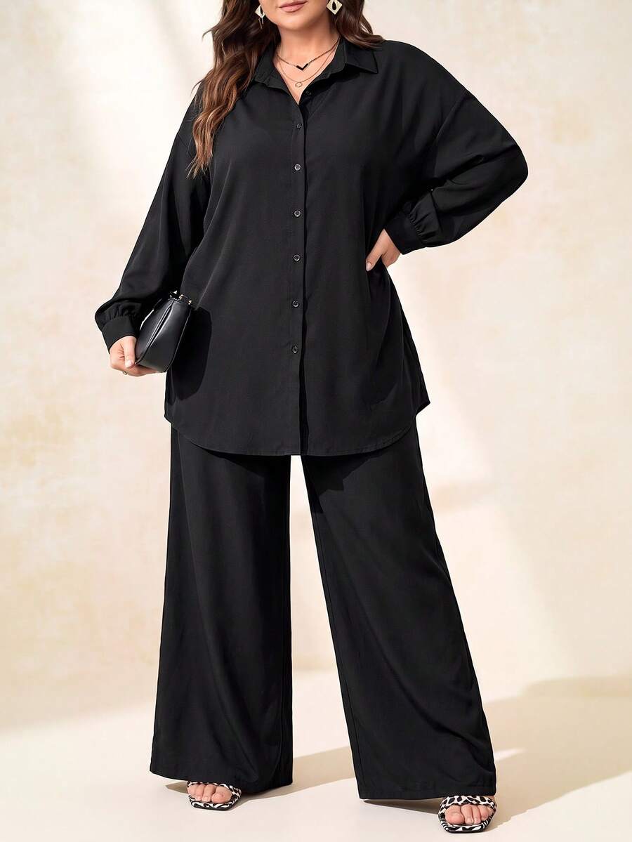 SHEIN Clasi 大尺碼女款印花圓領蝙蝠袖上衣與純色直筒口袋長褲兩件套 - 黑色 - 查看 1