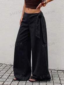 Rivivi Fashionable Tie-Up Washed Denim Wide Leg Pants - Black - View 5