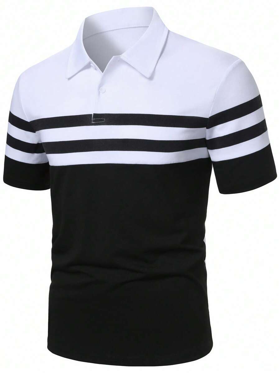 Manfinity Homme Men's Summer Casual Colorblock Patchwork Polo Shirt - Black and White - View 1