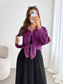 SHEIN Essnce Plus Size Women's Solid Color Spaghetti Strap Dress And Long Sleeve Cardigan Casual Daily 2-Piece Set - Red Violet - View 8