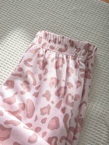 SHEIN 1pc Girls' Soft Sweet Style Light Pink All-Over Leopard Print Elastic Waist Loose Wide Leg Casual Long Pants For Home, Street, Campus, Commute, Spring/Autumn - Baby Pink - View 4