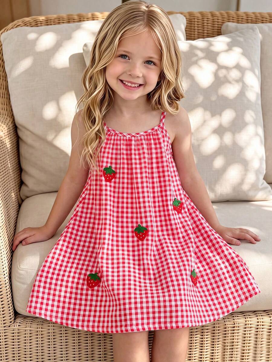 Elladie kids 女童紅白拼接細肩帶A字洋裝，草莓貼布裝飾，甜美可愛夏季休閒度假海灘度假穿搭
