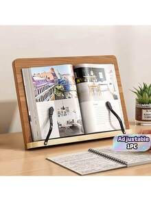 1Pc Adjustable Wooden Book Stand, Ergonomic Vintage Reading Holder, Foldable Desktop Support With Elastic Clips, For Books Laptops Tablets Drawing Sketching - Multicolor - View 1
