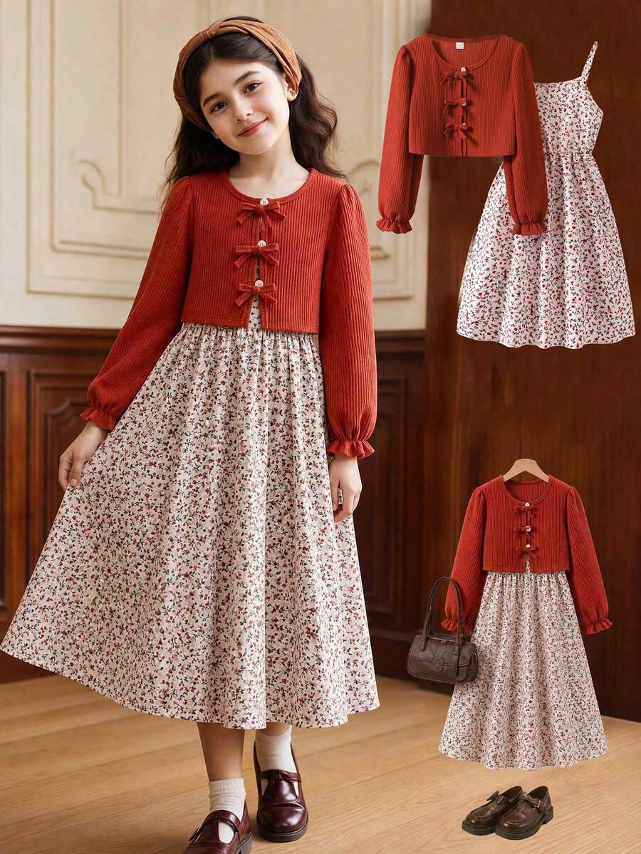 SHEIN Elladie kids Set 2 món cho bé gái áo cardigan len gân cài nút trang trí nơ phong cách thường ngày mùa xuân/thu và váy hai dây họa tiết hoa nhí nhỏ, bộ đồ đơn giản dễ thương cho đầu thu - màu nâu - Xem 1