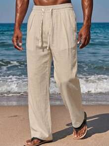 VIVINTIMO Men's Plus Size Minimalist Vacation Drawstring Waist Pocket Long Pants - Brown - View 3