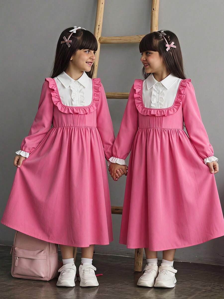 SHEIN 少女女孩鈕扣半開襟荷葉邊下擺法式甜美洋裝 - 粉色 - 查看 1