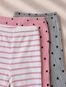 SHEIN Playful Pals 3件組女嬰愛心與條紋印花長褲，簡約時尚，適合外出、日常穿著、派對、上學，春秋舒適款，喇叭褲腿設計 - 彩色 - 查看 4