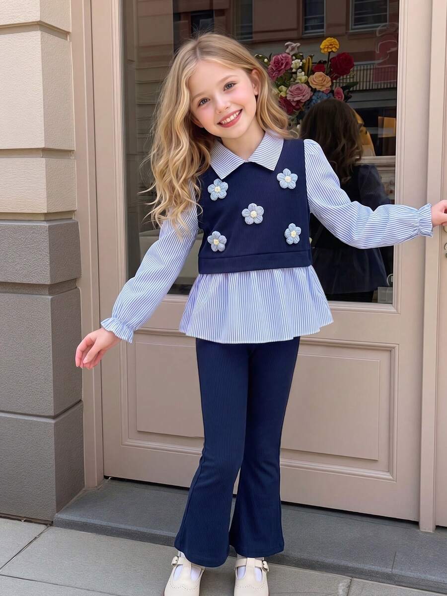 Elladie kids 女童春秋休閒襯衫套裝,白色3D蝴蝶結,淺粉色針織刷毛羅紋布拼接梭織布,白色長袖翻領荷葉邊下擺2合1襯衫上衣搭配淺粉色刷毛羅紋休閒喇叭長褲,2件套,適合開學、休閒、時尚、甜美、可愛、淑女、日常穿著、旅行、拍照 - 藍色 - 查看 1