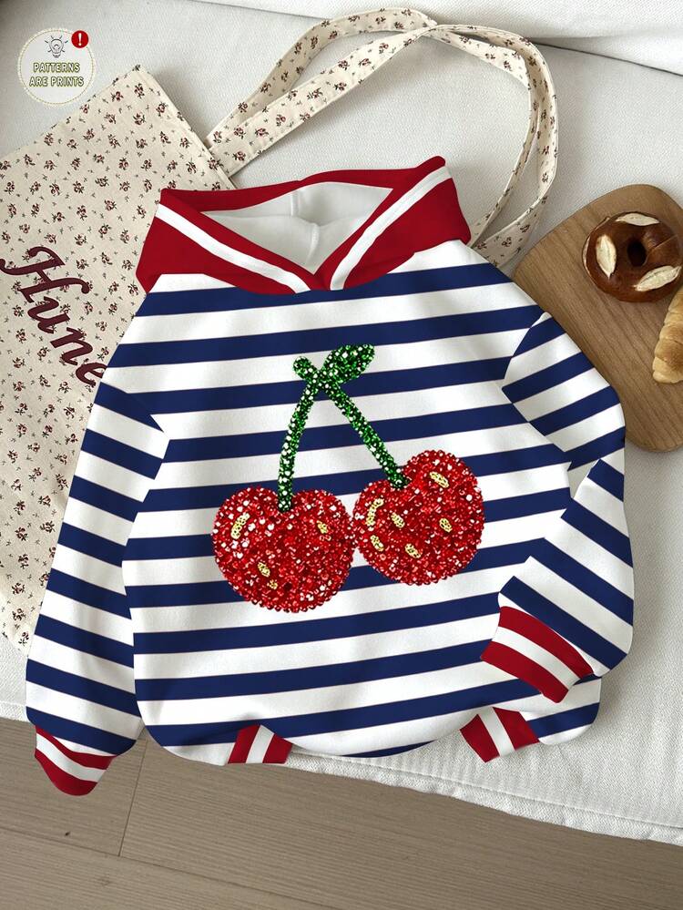 Young Girl Casual Minimalist Classic Blue & White Contrast Striped With Cute Shiny Textured Cherry Pattern, Thick Soft Comfortable Hooded Sweatshirt Suitable For Autumn/Winter Y2K, Cozy Fall & Winter Styles, Vintage, Kawaii - Multicolor - View 1