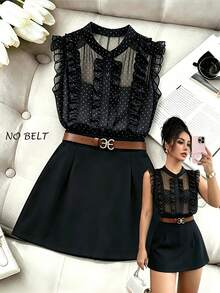 SHEIN Franclia Women's Polka Dot Pattern Ruffle Blouse And Skirt 2 Pieces Set - Black - View 1