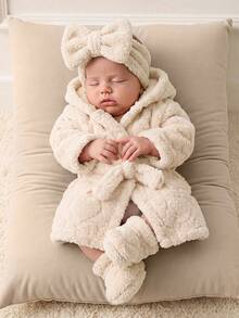 SHEIN Newborn Baby Winter Comfortable Long Sleeve Hooded Robe Loungewear - Beige - View 4