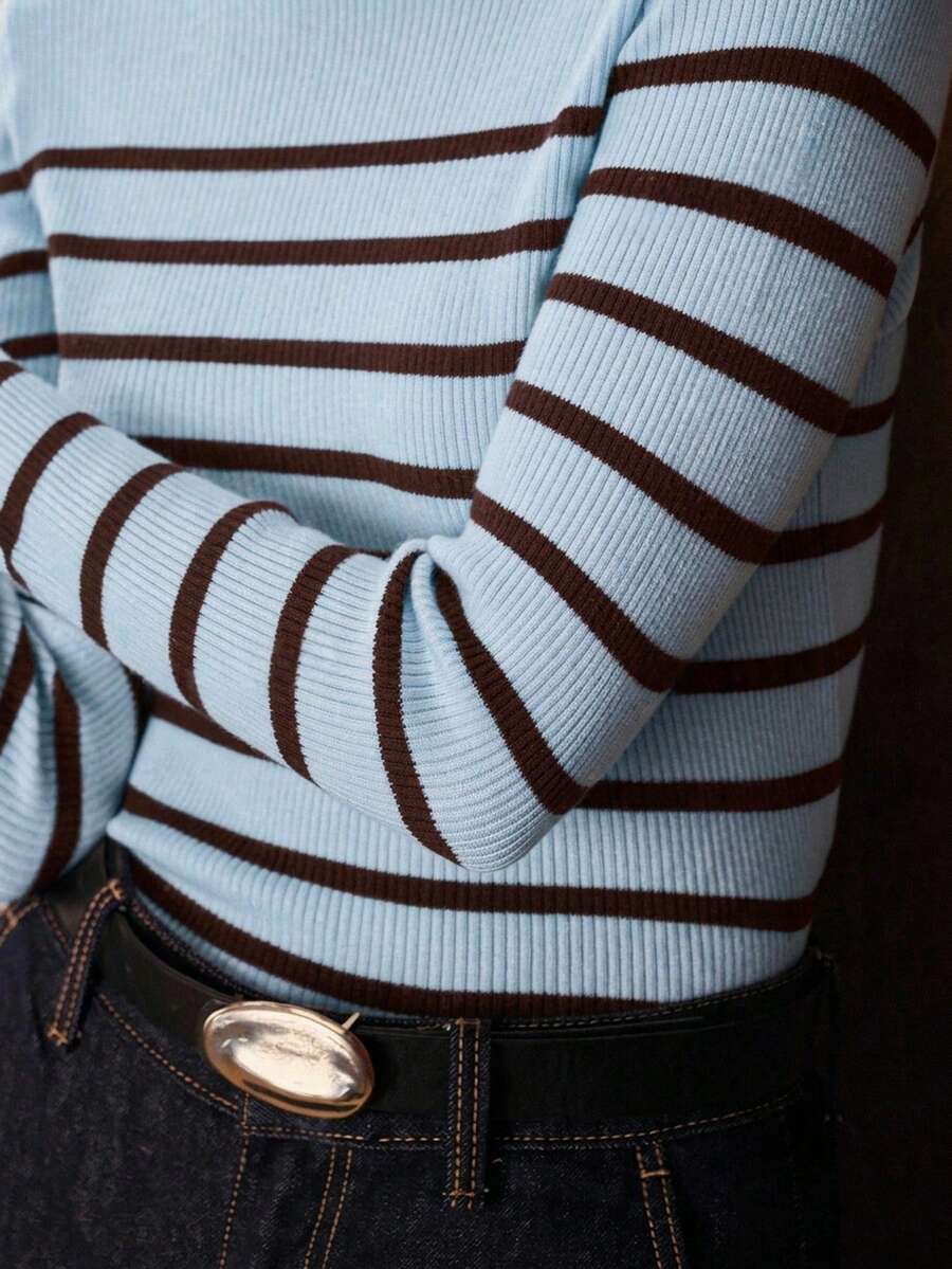 MOTF PREMIUM ELEGANT VERSATILE STRIPED KNIT INNER LAYER HIGH ELASTICITY WOMEN'S SWEATER - Blue - View 2