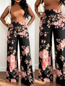 Elenzga Plus Size Women's Floral Print Straight Leg Pants, Minimalist Fall - Black - View 1