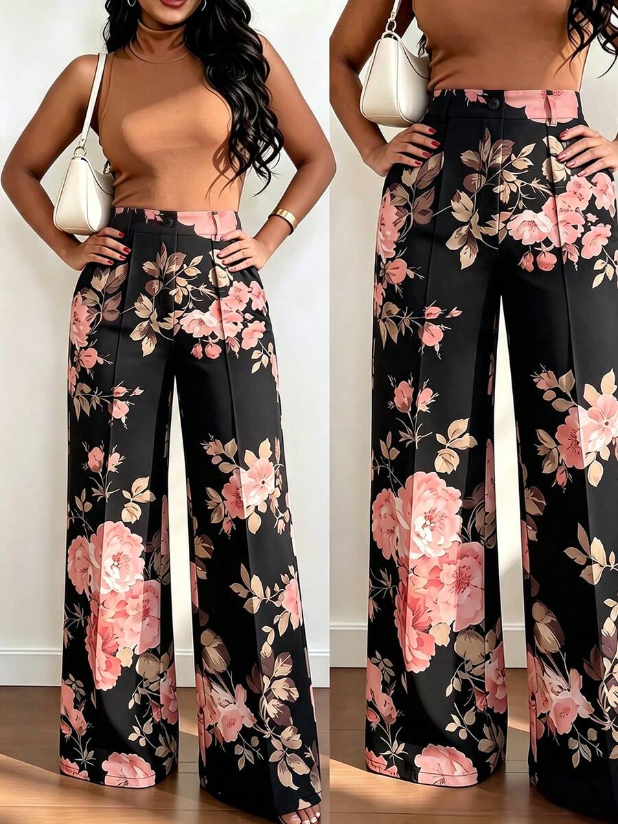 Elenzga Plus Size Women's Floral Print Straight Leg Pants, Minimalist Fall - Black - View 1
