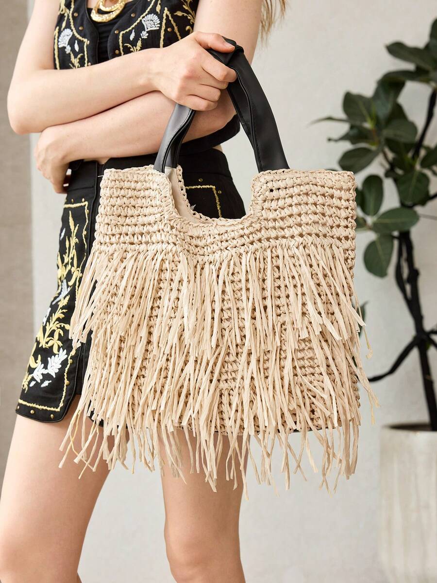 MOTF 女款杏色托特包,休閒度假流蘇手提包,適合度假、旅行、海灘、海邊、波希米亞風 - 米色 - 查看 1