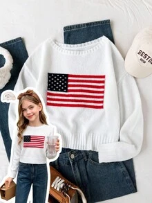 SHEIN 1件女款青少年毛衣，時尚休閒百搭極簡圓領美國國旗圖標提花圖案，學院風，適中厚度，整齊下擺，緊口袖口，柔軟親膚質感，適合日常穿著、外出、校園，秋冬季 - 白色 - 查看 11