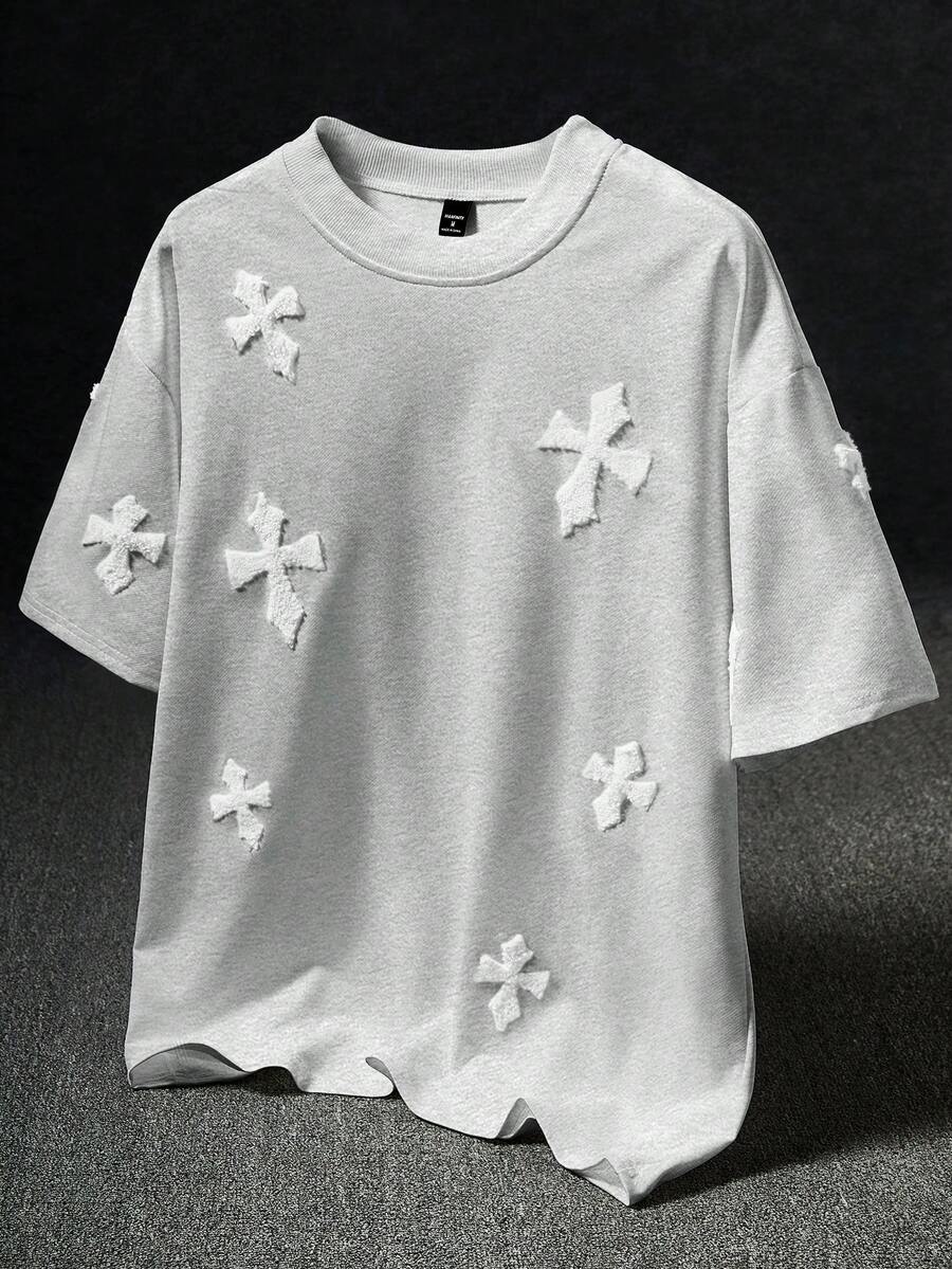 Manfinity EMRG 男士街頭風 INS 風格十字全印花毛巾刺繡白色 T 恤,休閒日常,送給男友/丈夫的禮物,週年紀念禮物 - 淺灰色 - 查看 1