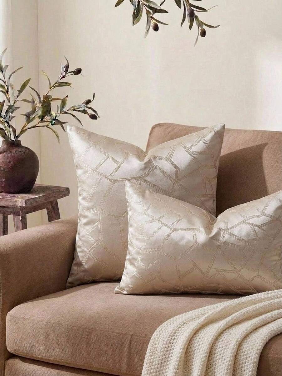 Cirelle 1pc/2pcs All-Season Light Luxury High-Density Jacquard Throw Pillow Covers, Textured Satin Decorative Cushion Cases With Geometric, Botanical & Abstract Patterns, Elegant Neutral Tone Home Decor For Living Room & Bedroom, Pillow Insert Not Included - High Precision Geometry Beige - View 1