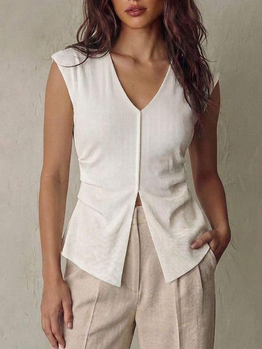 Franclia Elegant Solid Color Wide Ruched Waist Tee, Summer - White - View 1